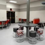 Whitehall Cafeteria (Valour Half Round Tables, Hannah Stools, Column Wraps with Push Pops, Shirley Booths with Mileston Tables, Quiet Cloud)